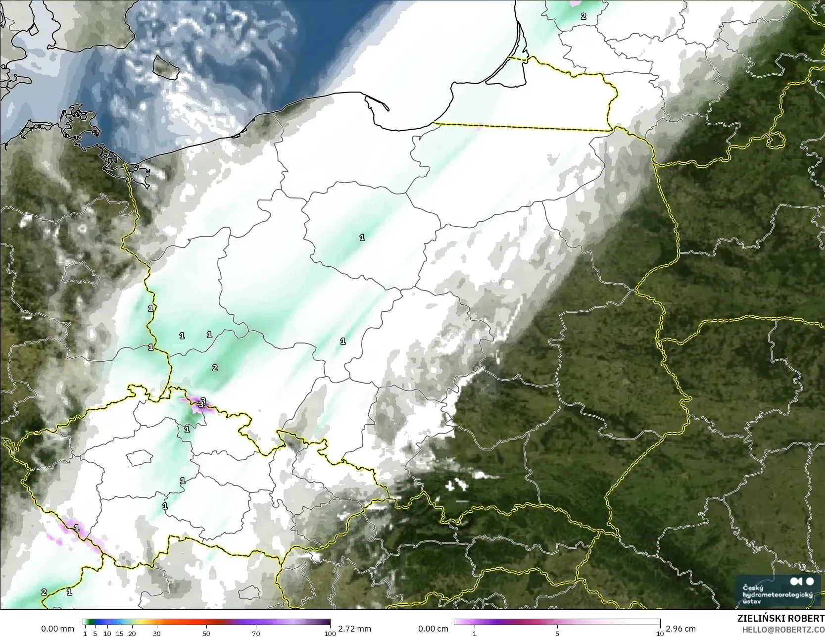 ALADIN CZ 2.3 km model - Poland, Precipitation, Clouds, and Pressure