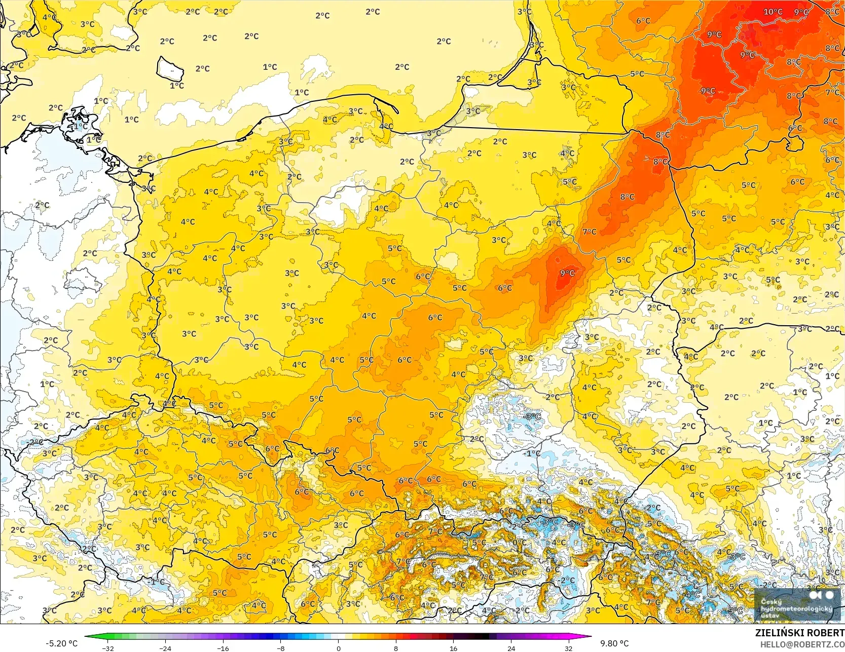 ALADIN CZ 2.3 km model - Poland, Temperature at 2m Anomaly