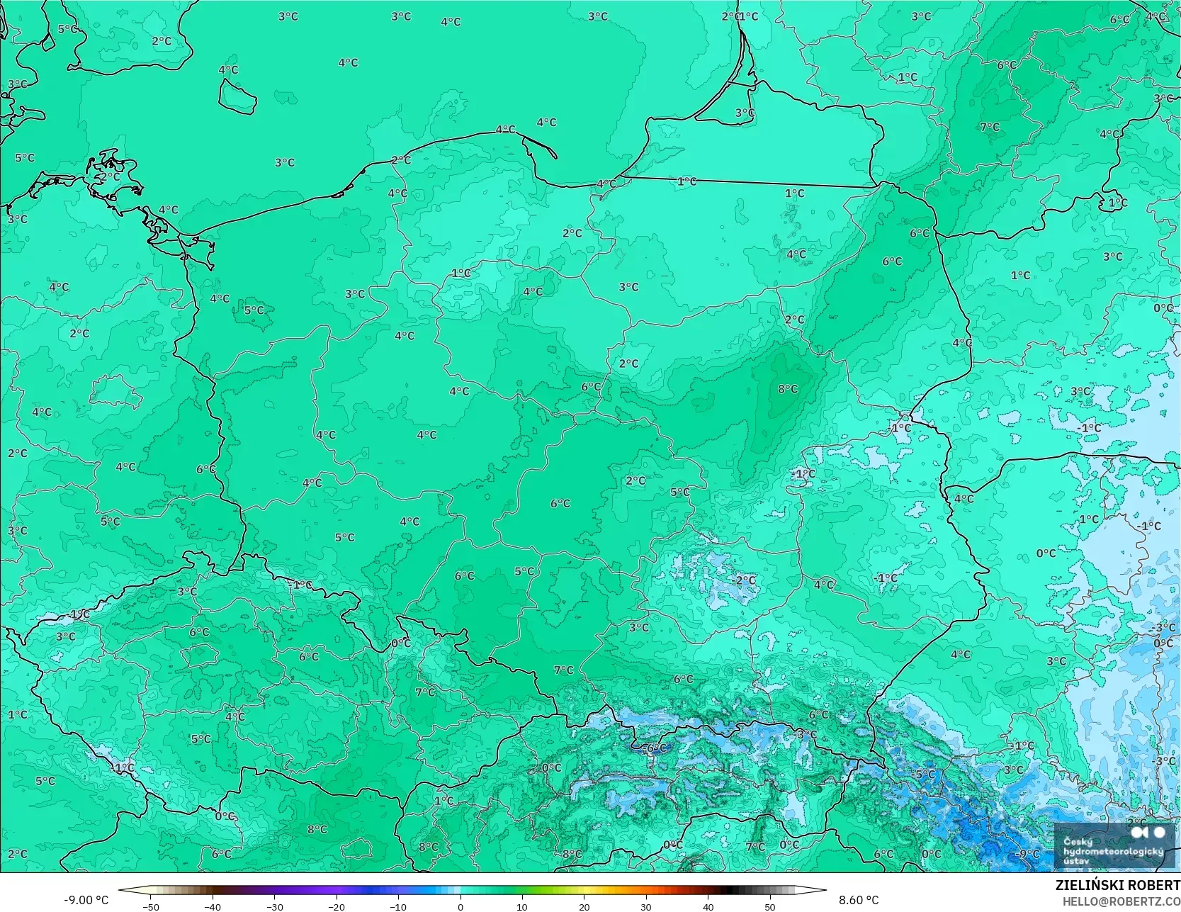 ALADIN CZ 2.3 km model - Poland, Temperature at 2m