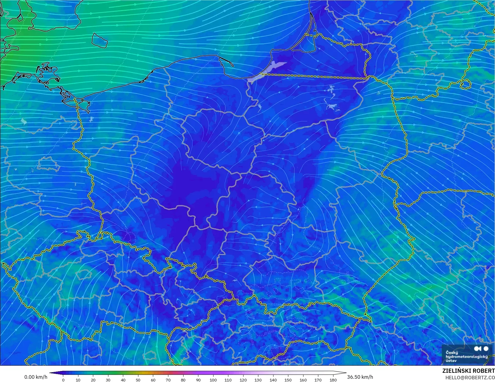 ALADIN CZ 2.3 km model - Poland, Wind at 10m