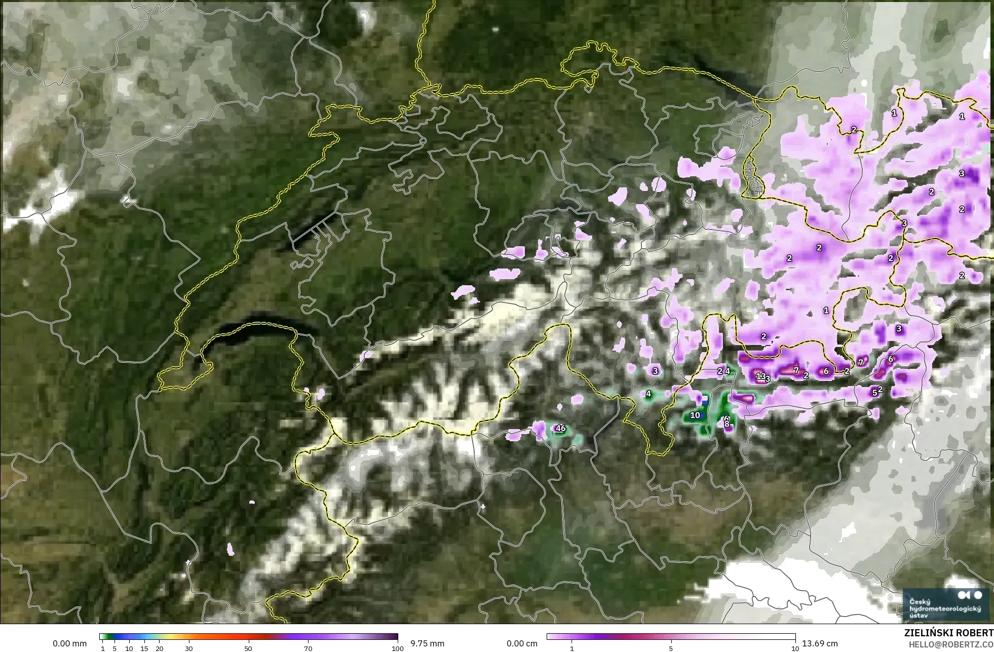 ALADIN CZ 2.3 km model - Switzerland, Precipitation, Clouds, and Pressure