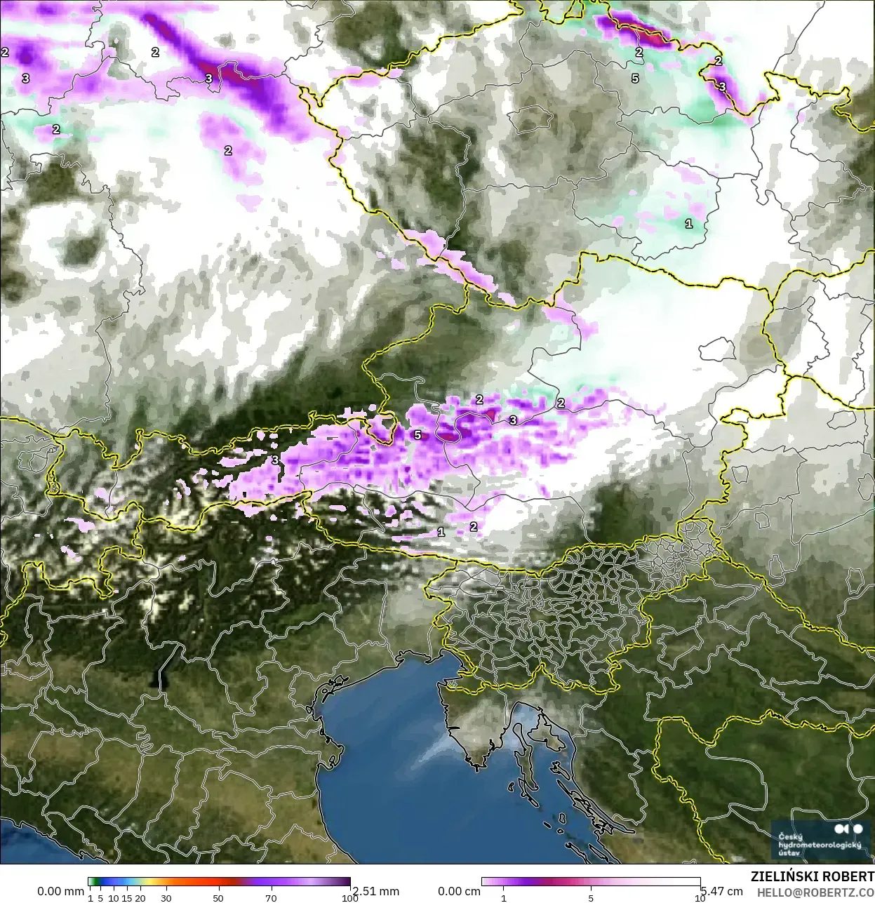ALADIN CZ 2.3 km model - Austria, Precipitation, Clouds, and Pressure
