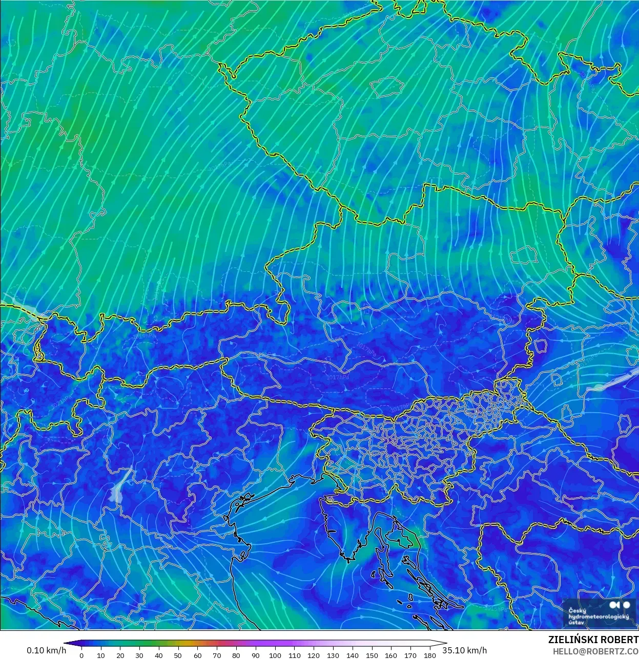 ALADIN CZ 2.3 km model - Austria, Wind at 10m