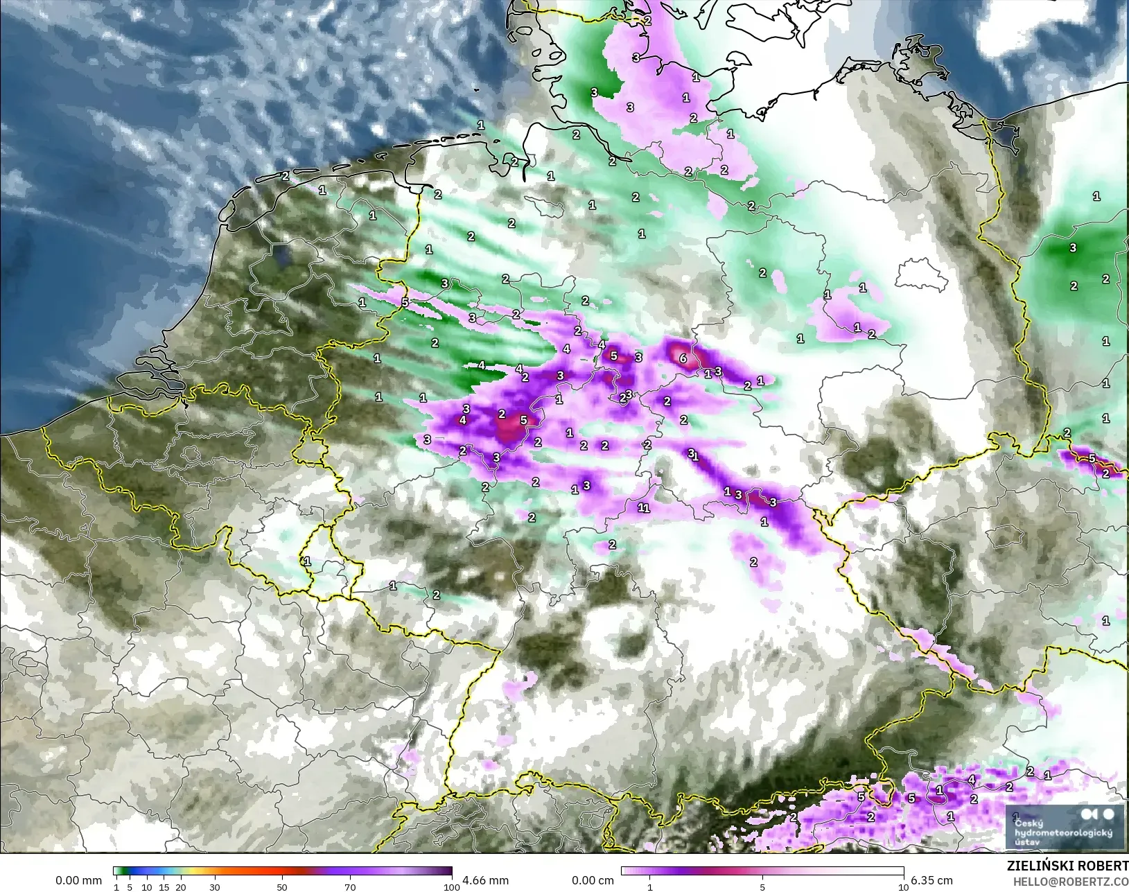 ALADIN CZ 2.3 km model - Germany, Precipitation, Clouds, and Pressure