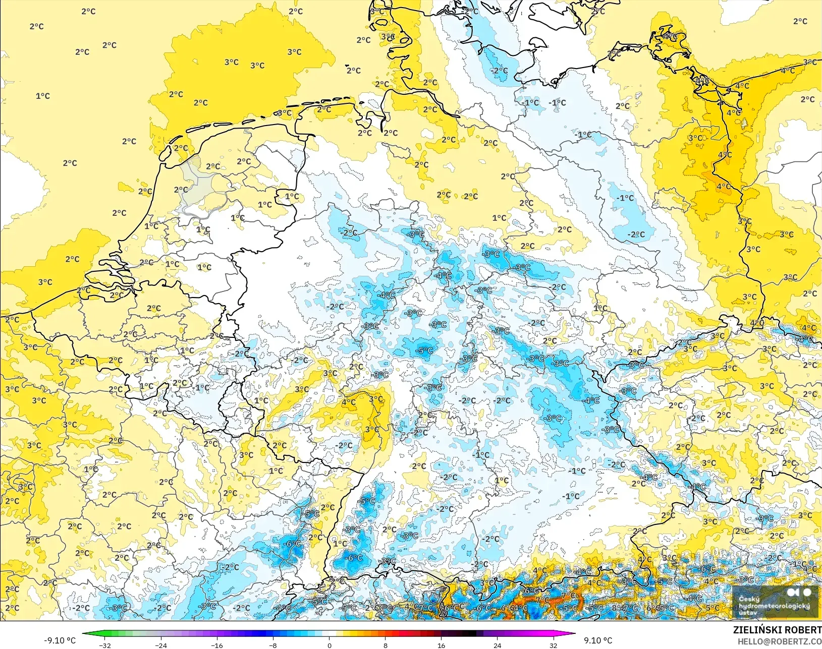 ALADIN CZ 2.3 km model - Germany, Temperature at 2m Anomaly