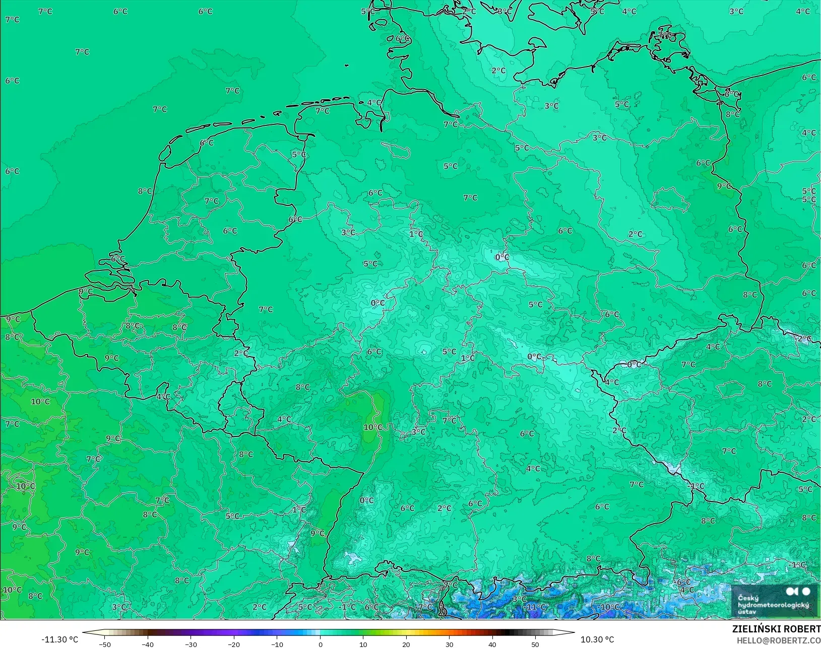 ALADIN CZ 2.3 km model - Germany, Temperature at 2m