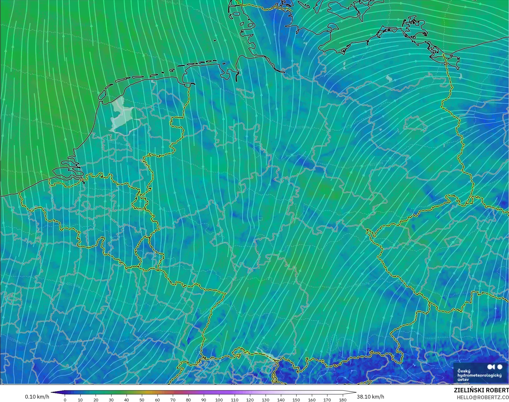 ALADIN CZ 2.3 km model - Germany, Wind at 10m