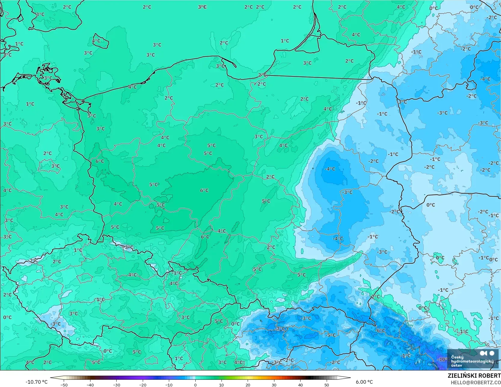 ALADIN CZ 2.3 km model - Poland, Dewpoint at 2m