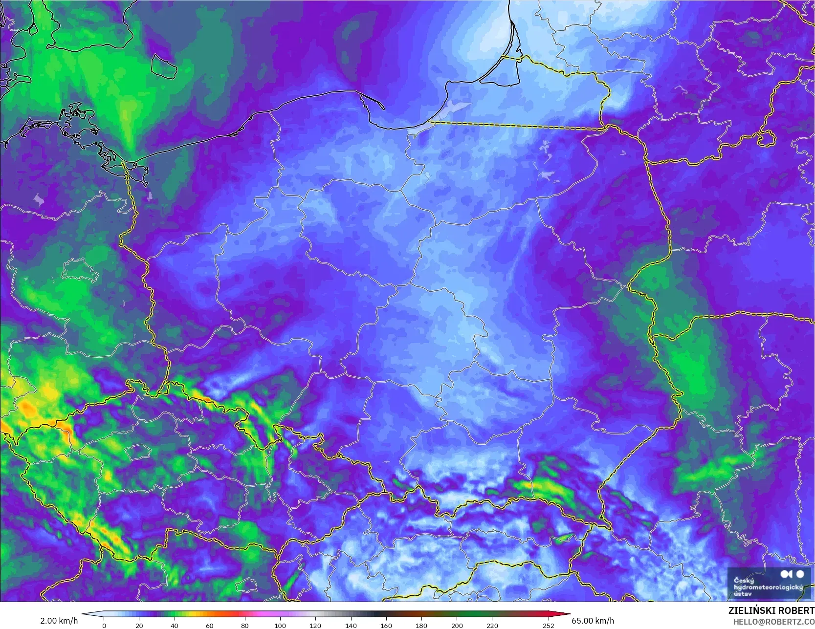 ALADIN CZ 2.3 km model - Poland, Wind Gusts