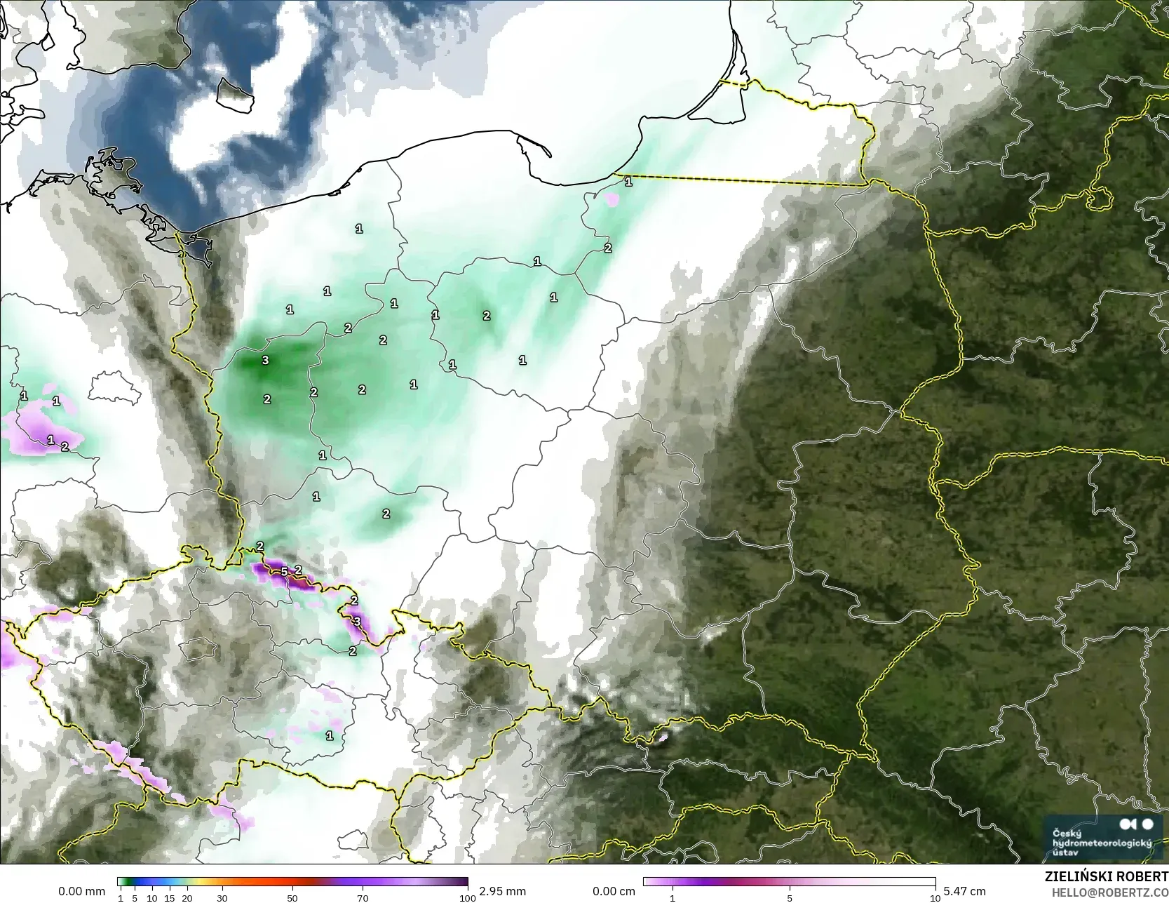 ALADIN CZ 2.3 km model - Poland, Precipitation, Clouds, and Pressure