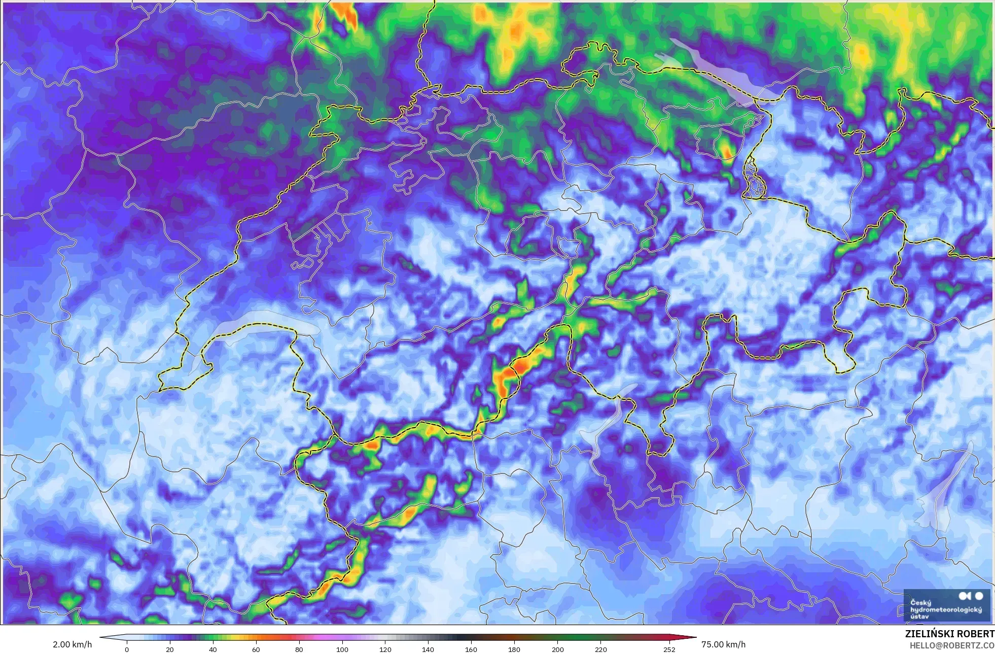 ALADIN CZ 2.3 km model - Switzerland, Wind Gusts