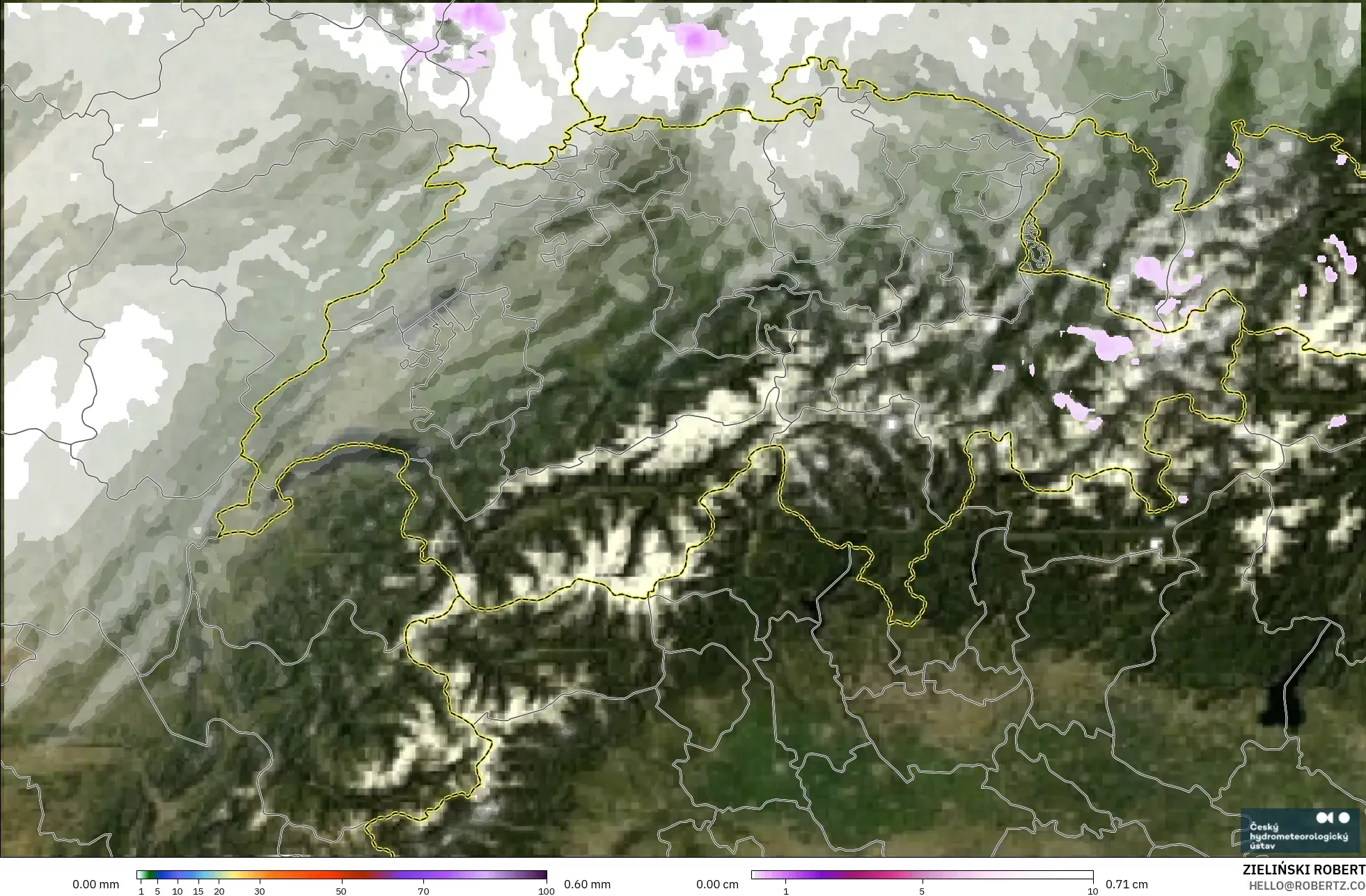 ALADIN CZ 2.3 km model - Switzerland, Precipitation, Clouds, and Pressure