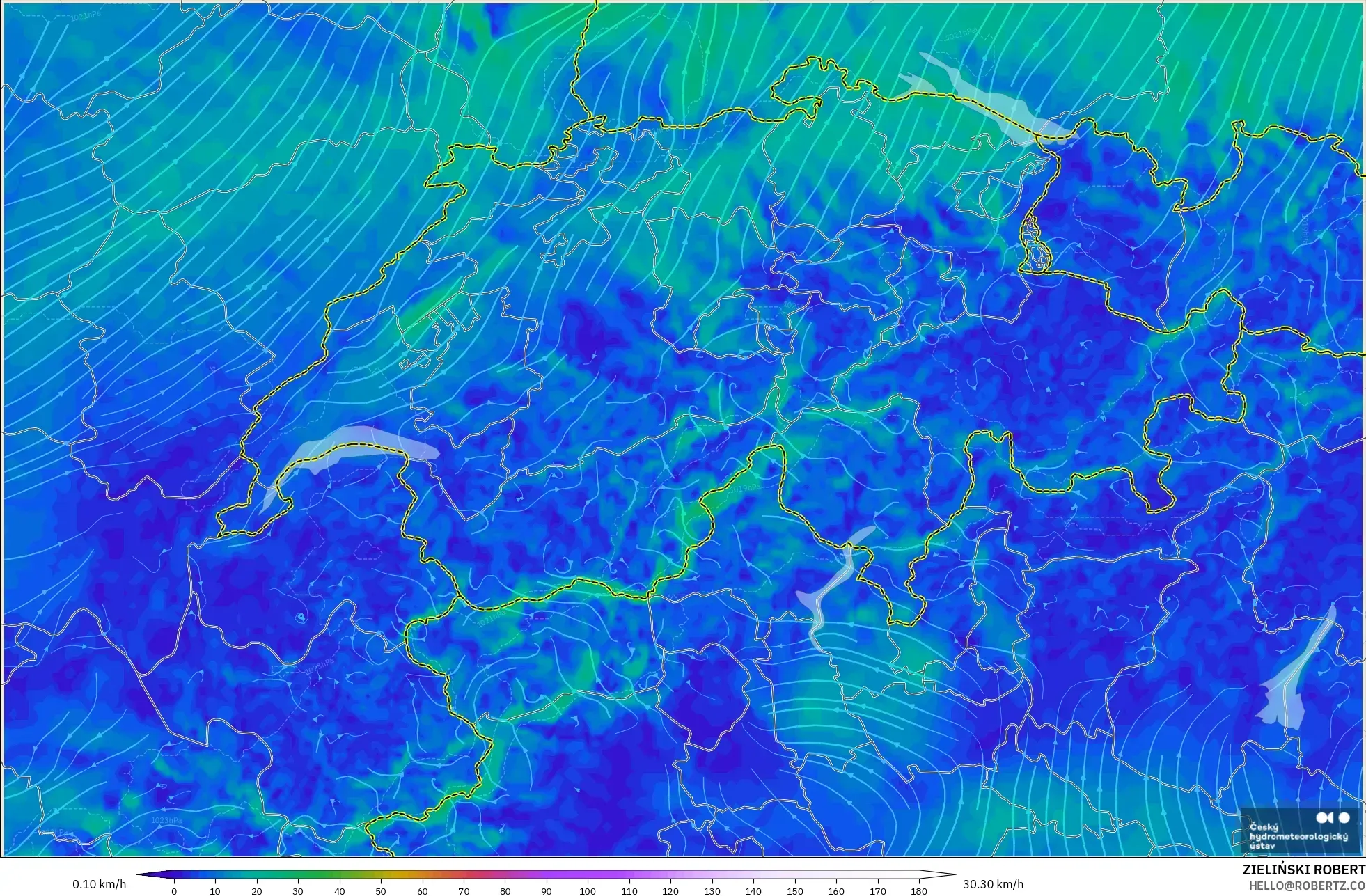 ALADIN CZ 2.3 km model - Switzerland, Wind at 10m