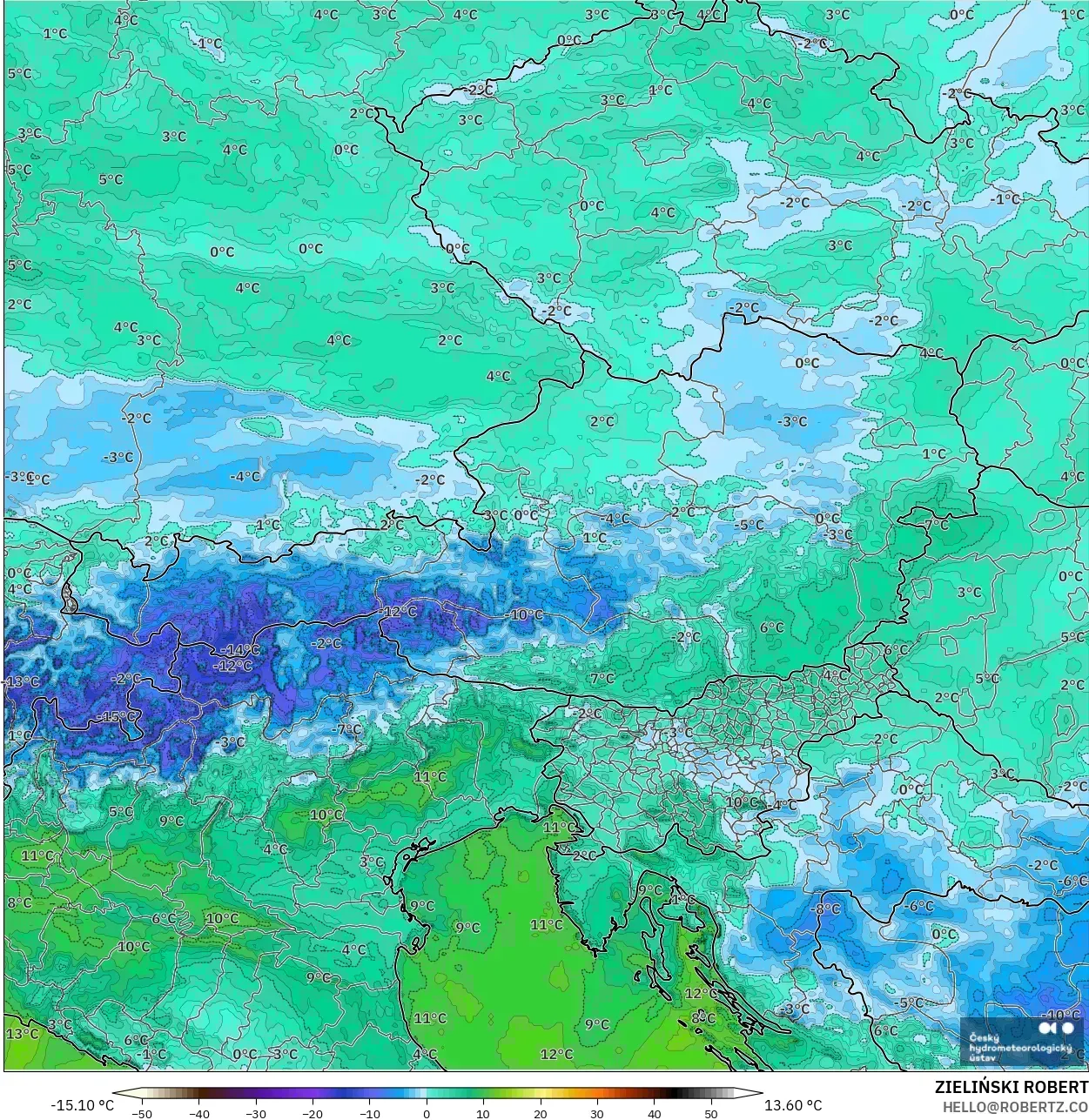 ALADIN CZ 2.3 km model - Austria, Dewpoint at 2m