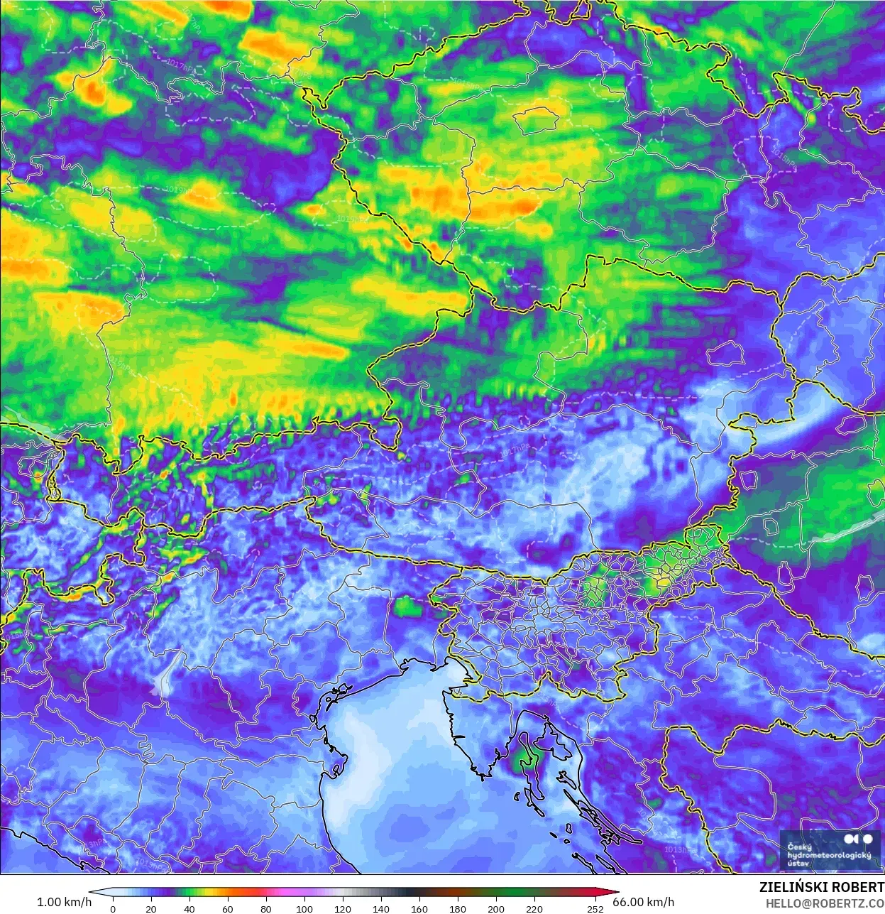 ALADIN CZ 2.3 km model - Austria, Wind Gusts Peak