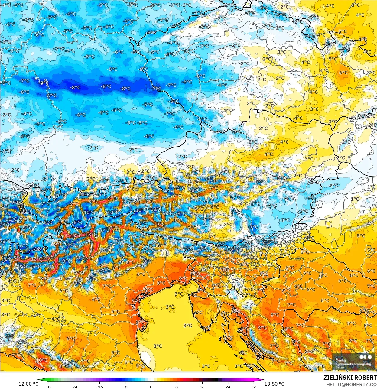 ALADIN CZ 2.3 km model - Austria, Temperature at 2m Anomaly