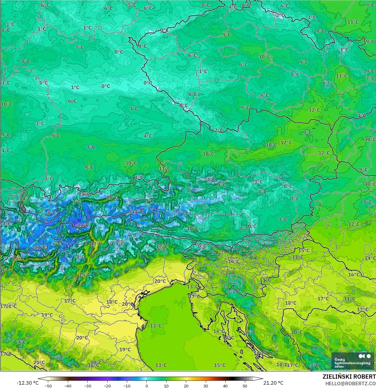 ALADIN CZ 2.3 km model - Austria, Temperature at 2m