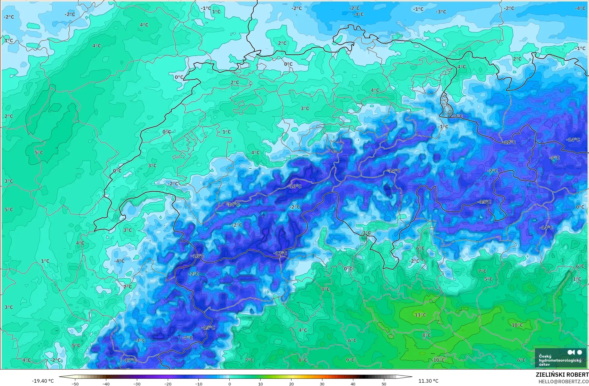 ALADIN CZ 2.3 km model - Switzerland, Dewpoint at 2m