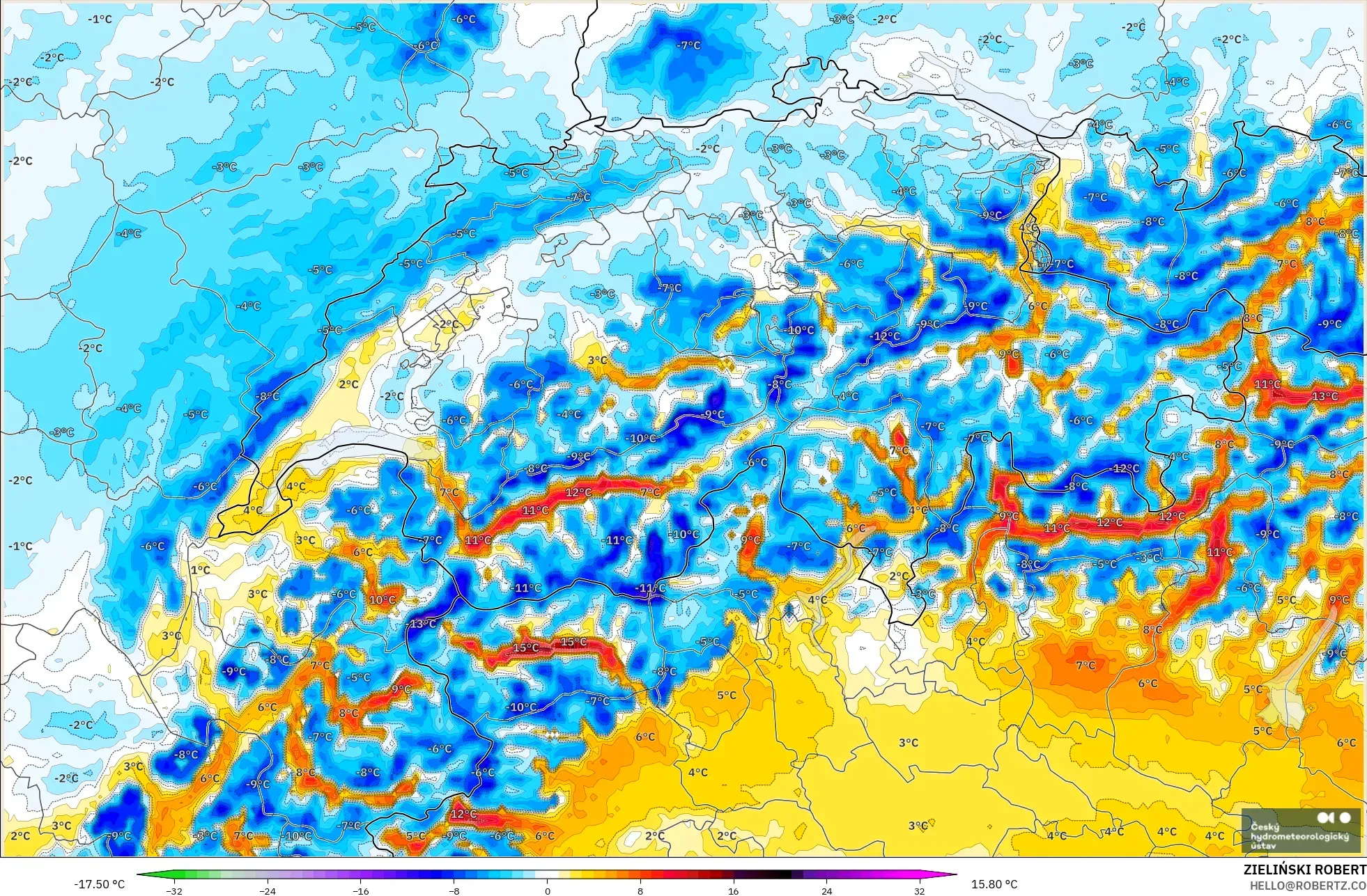ALADIN CZ 2.3 km model - Switzerland, Temperature at 2m Anomaly