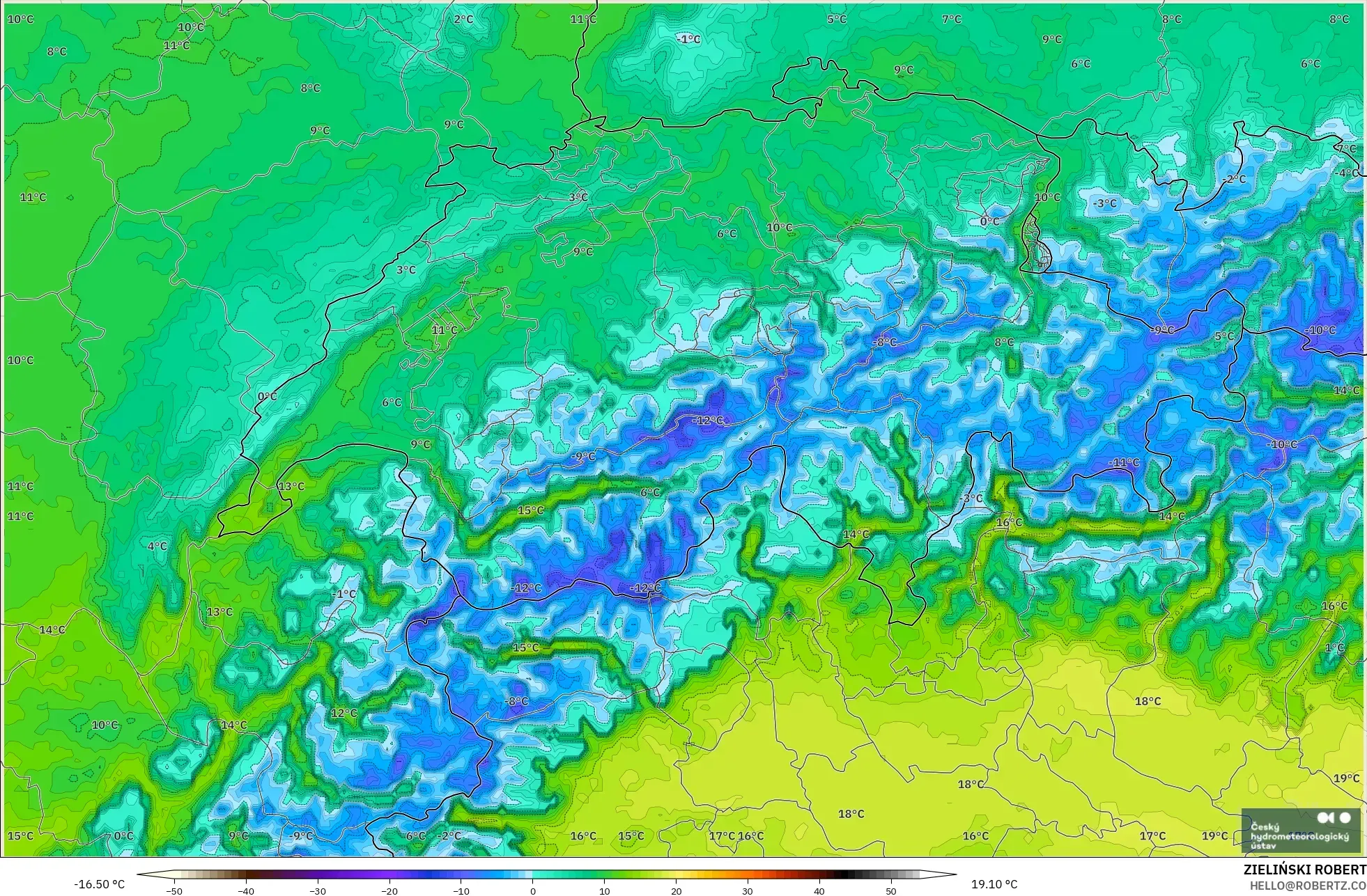 ALADIN CZ 2.3 km model - Switzerland, Temperature at 2m