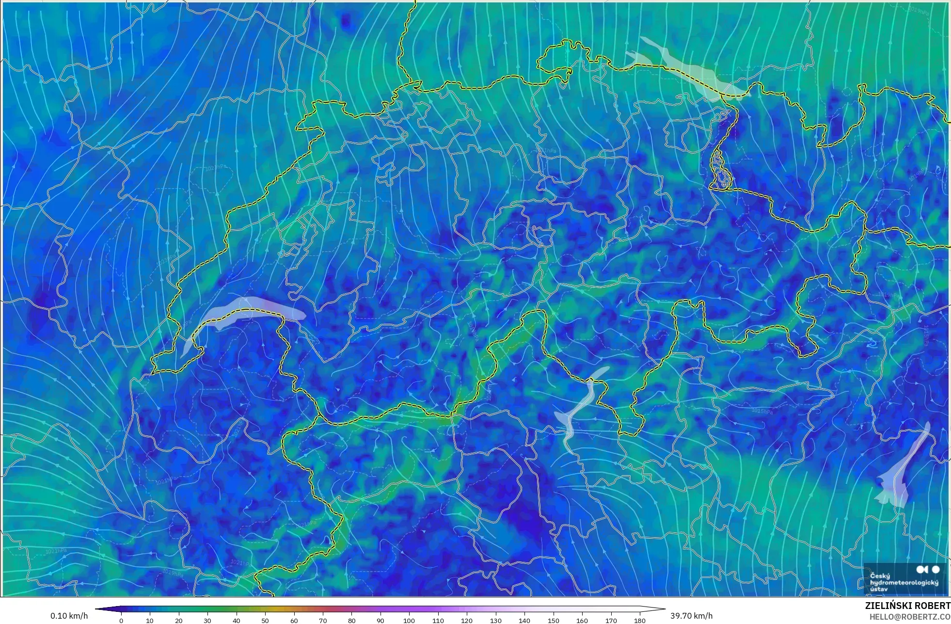 ALADIN CZ 2.3 km model - Switzerland, Wind at 10m