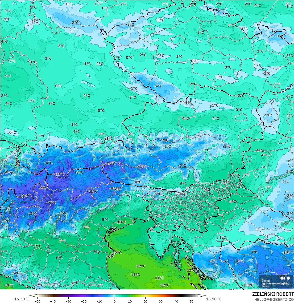ALADIN CZ 2.3 km model - Austria, Dewpoint at 2m