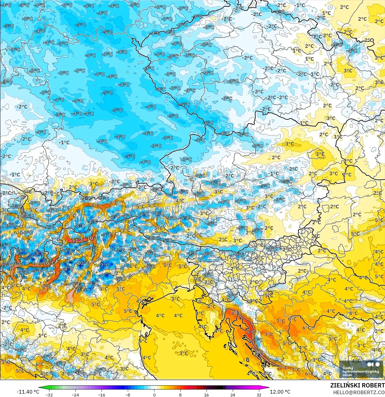 ALADIN CZ 2.3 km model - Austria, Temperature at 2m Anomaly