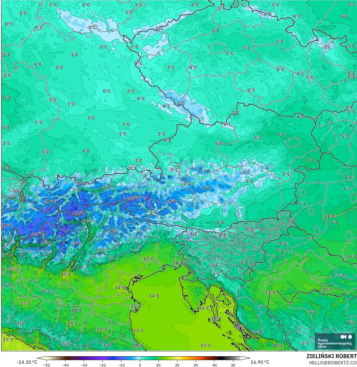 ALADIN CZ 2.3 km model - Austria, Temperature at 2m