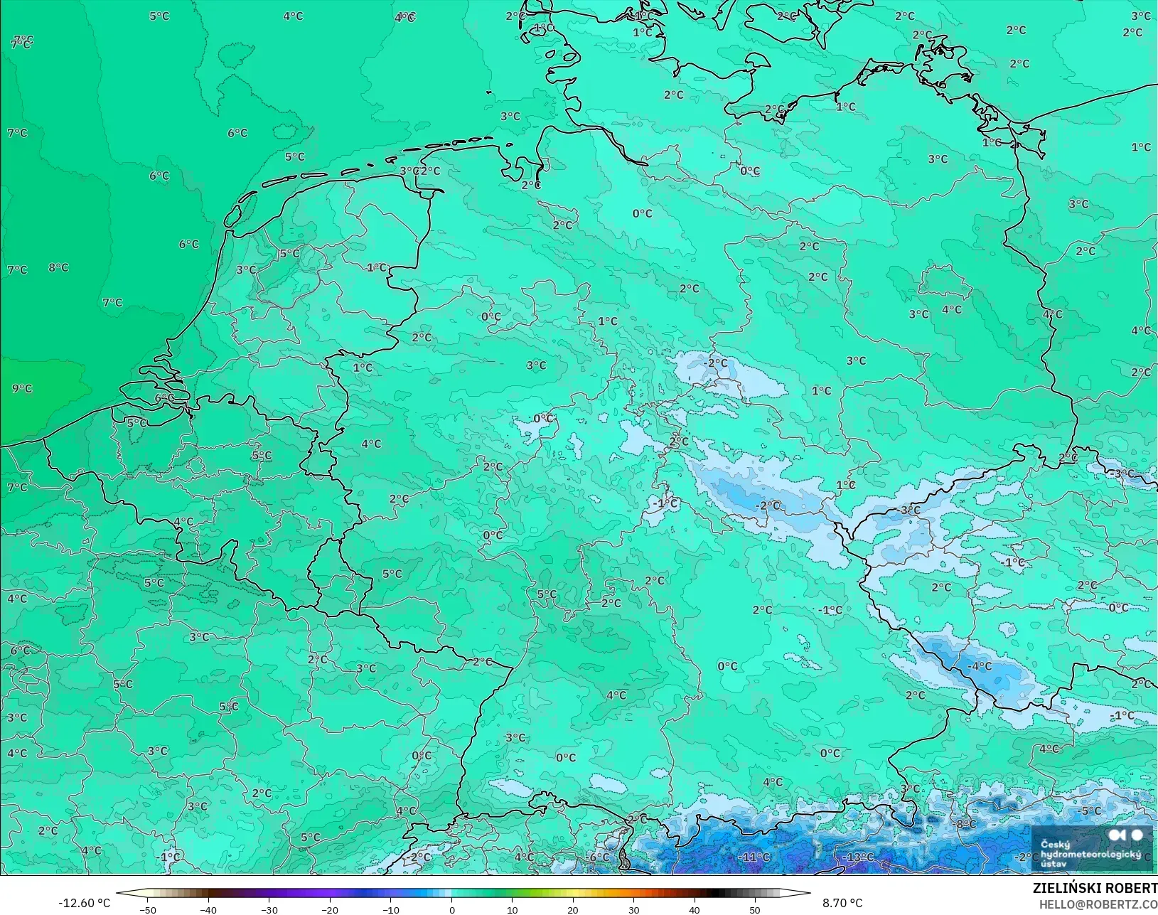ALADIN CZ 2.3 km model - Germany, Dewpoint at 2m