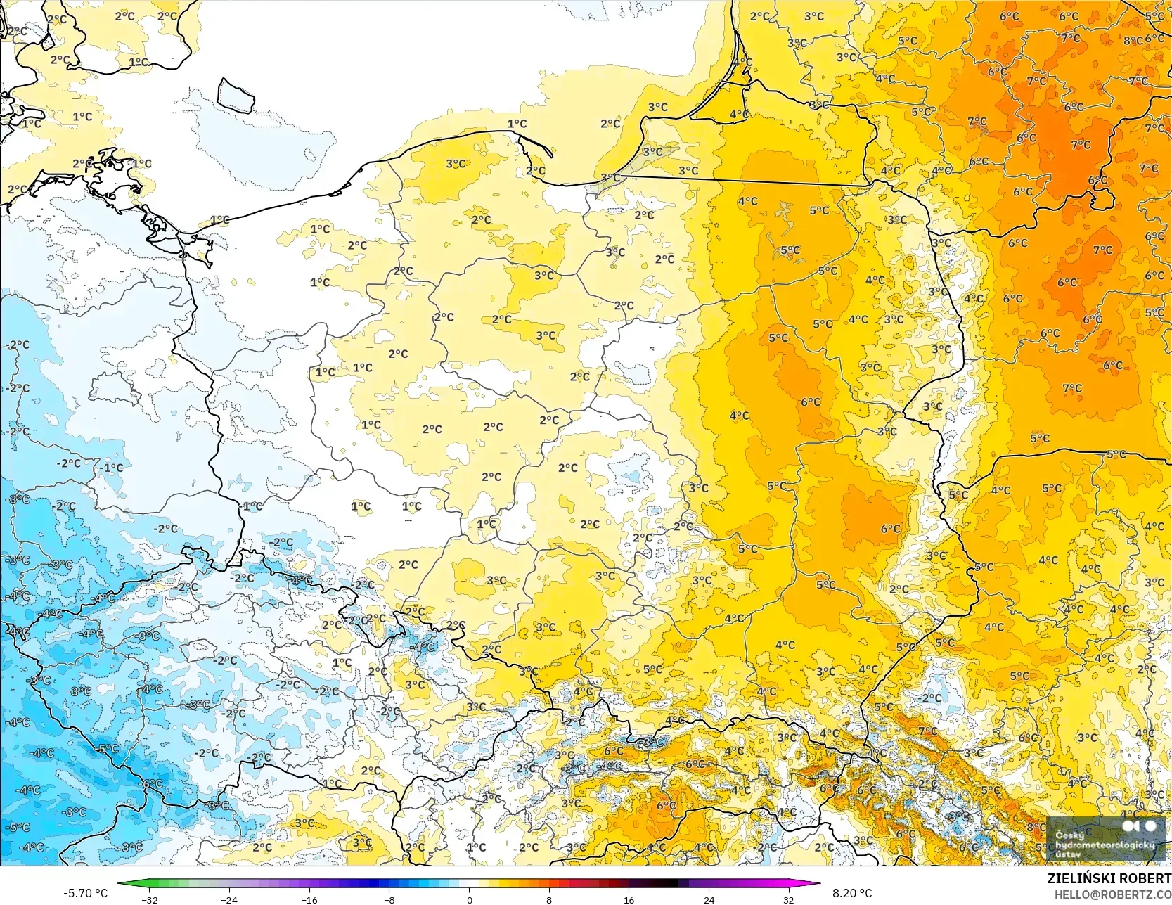 ALADIN CZ 2.3 km model - Poland, Temperature at 2m Anomaly