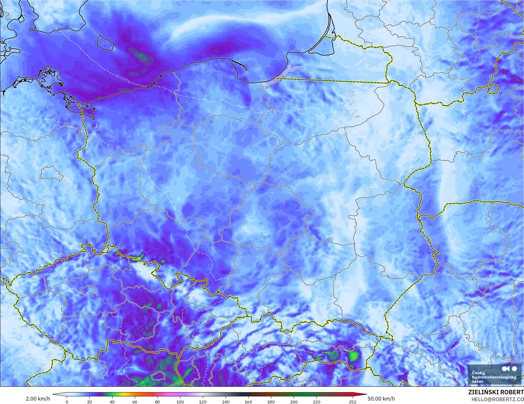 ALADIN CZ 2.3 km model - Poland, Wind Gusts Peak