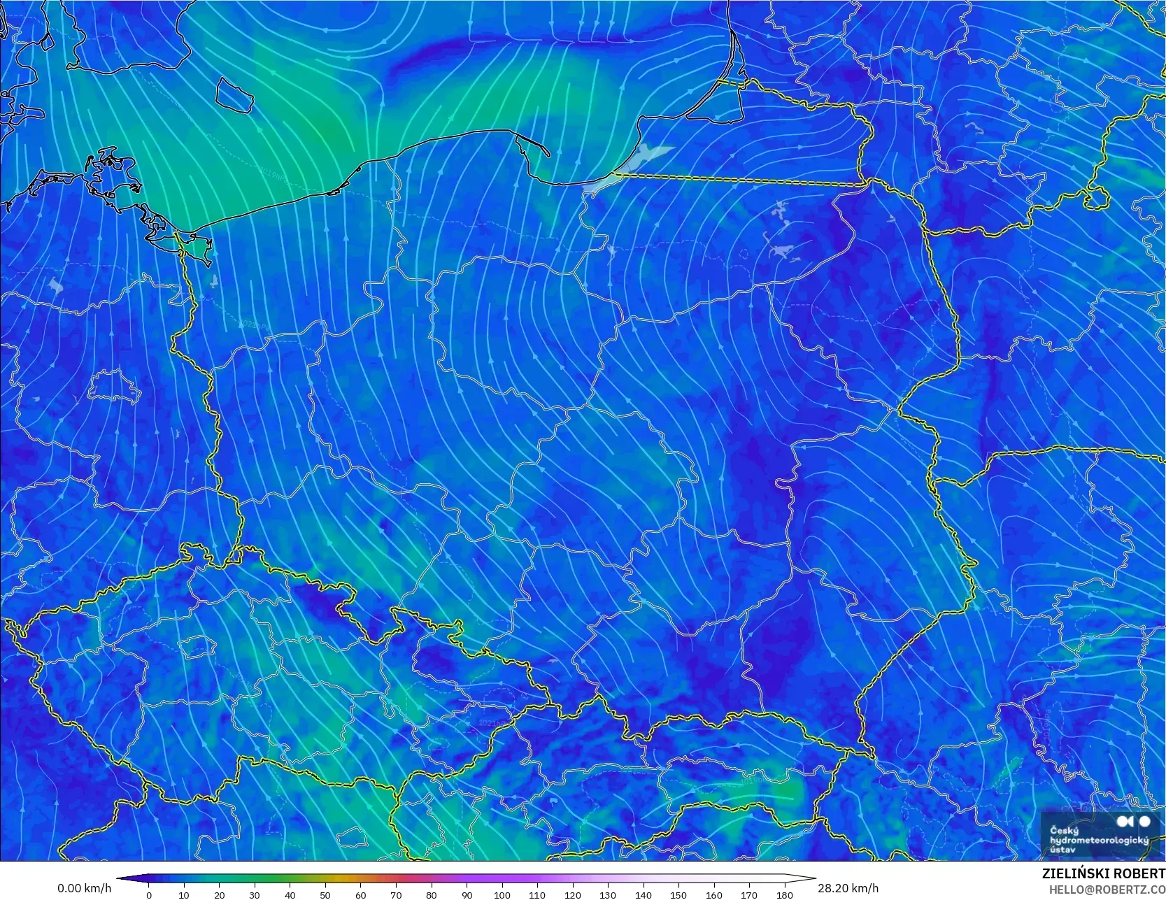 ALADIN CZ 2.3 km model - Poland, Wind at 10m