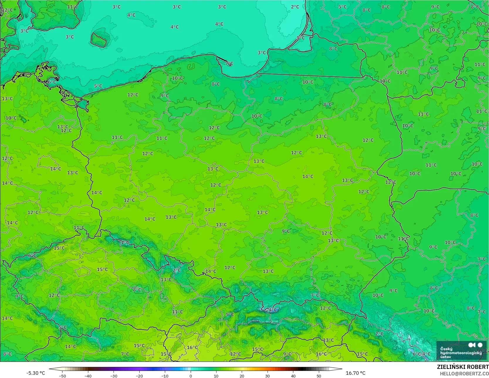 ALADIN CZ 2.3 km model - Poland, Temperature at 2m