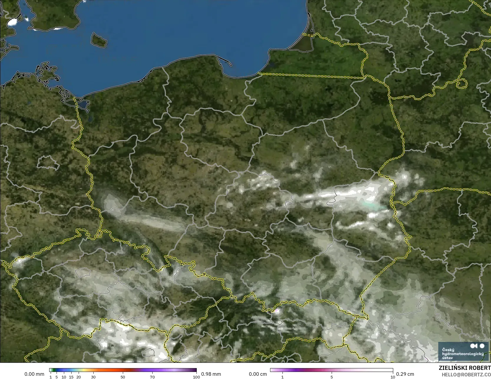 ALADIN CZ 2.3 km model - Poland, Precipitation, Clouds, and Pressure