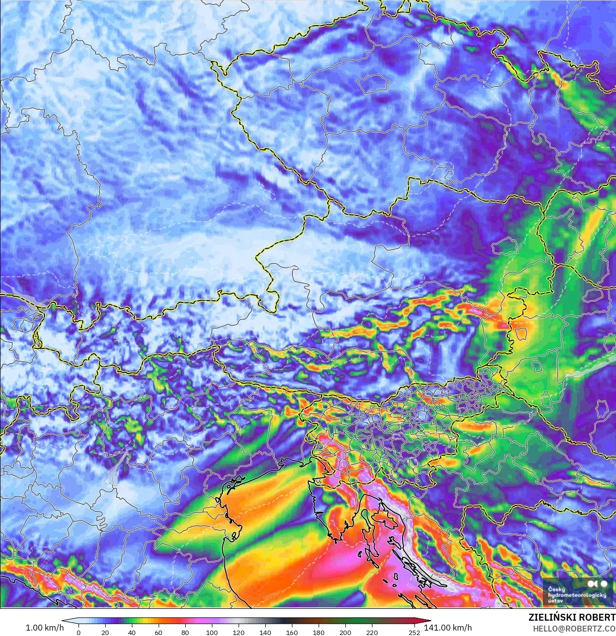 ALADIN CZ 2.3 km model - Austria, Wind Gusts Peak