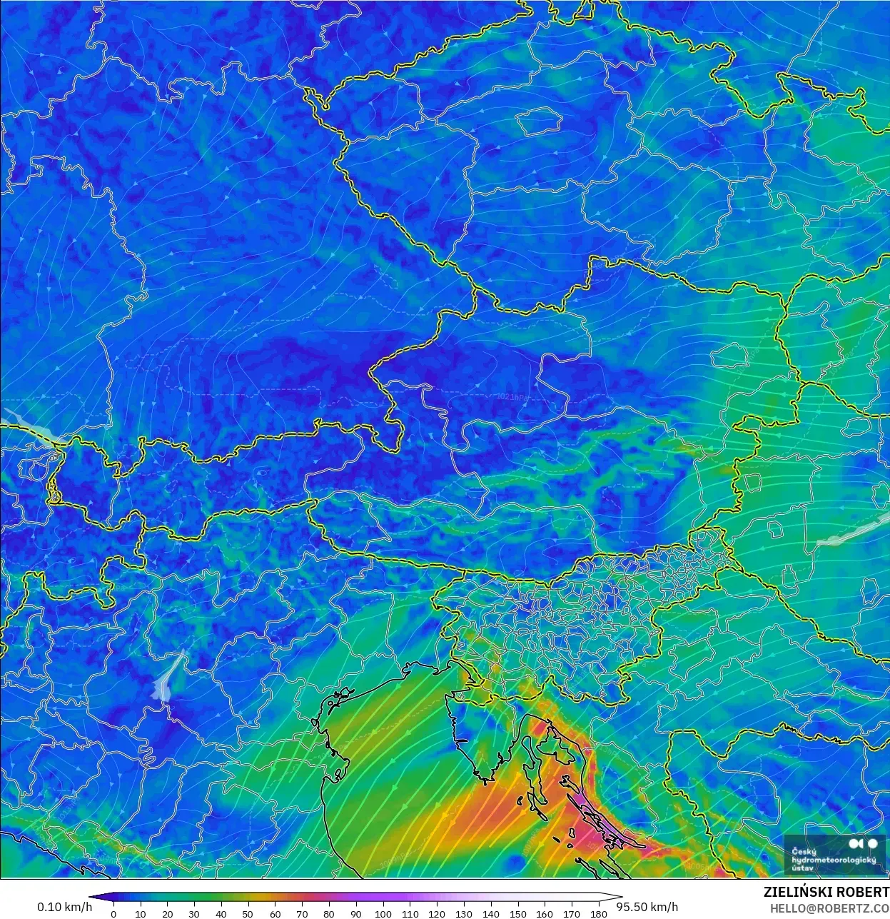 ALADIN CZ 2.3 km model - Austria, Wind at 10m