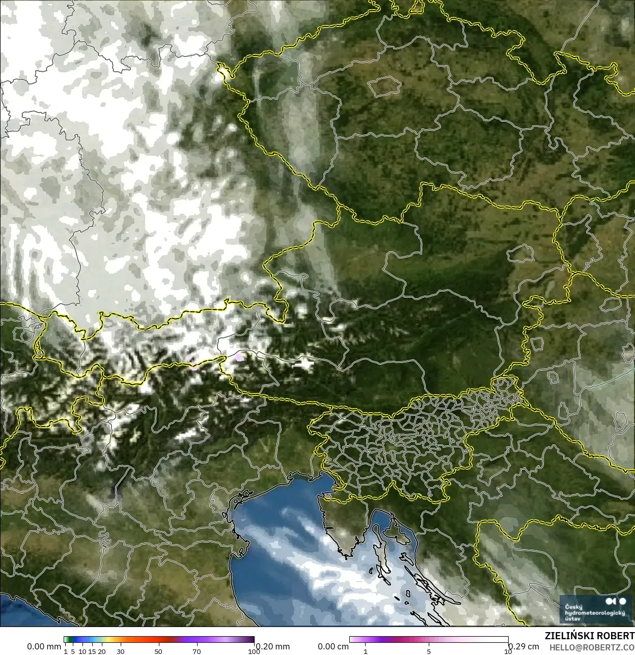 ALADIN CZ 2.3 km model - Austria, Hujan, Awan dan Tekanan
