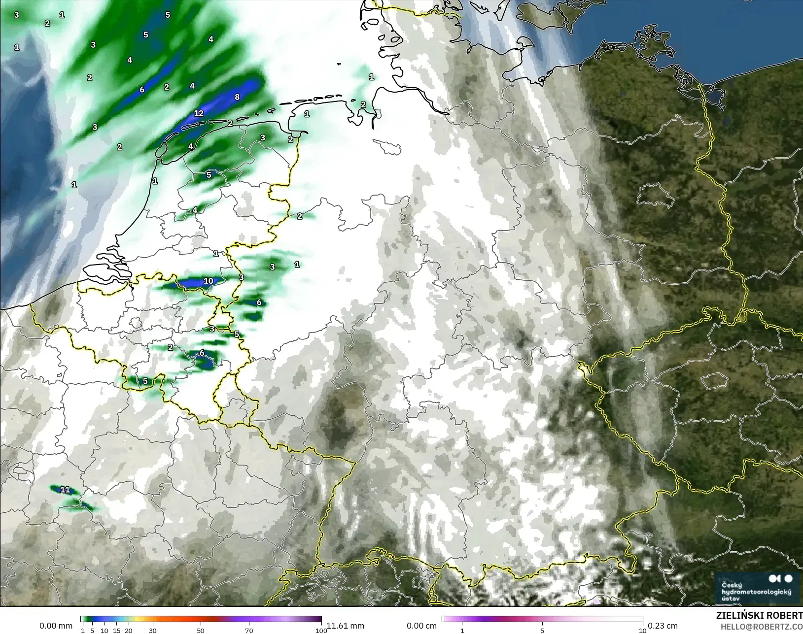 ALADIN CZ 2.3 km model - Jerman, Hujan, Awan dan Tekanan