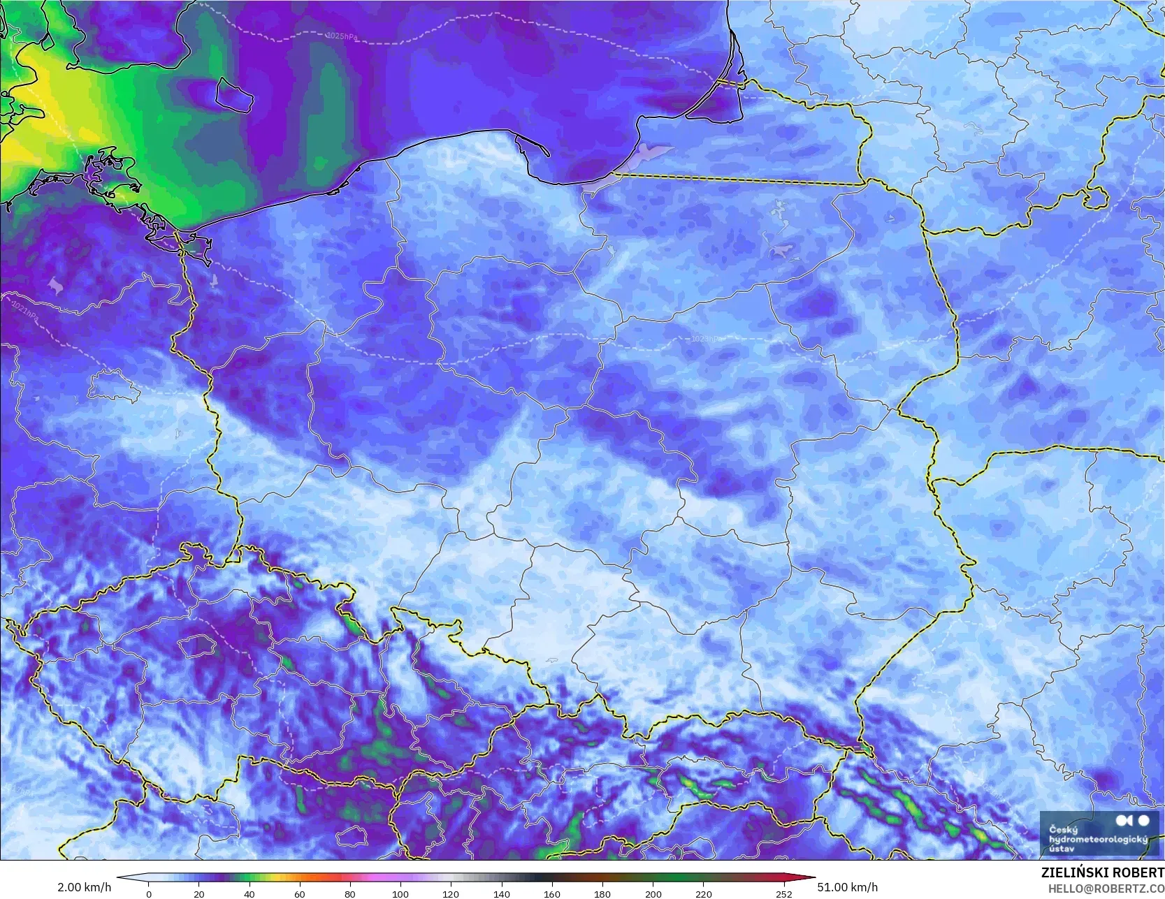 ALADIN CZ 2.3 km model - Poland, Hembusan Tertinggi