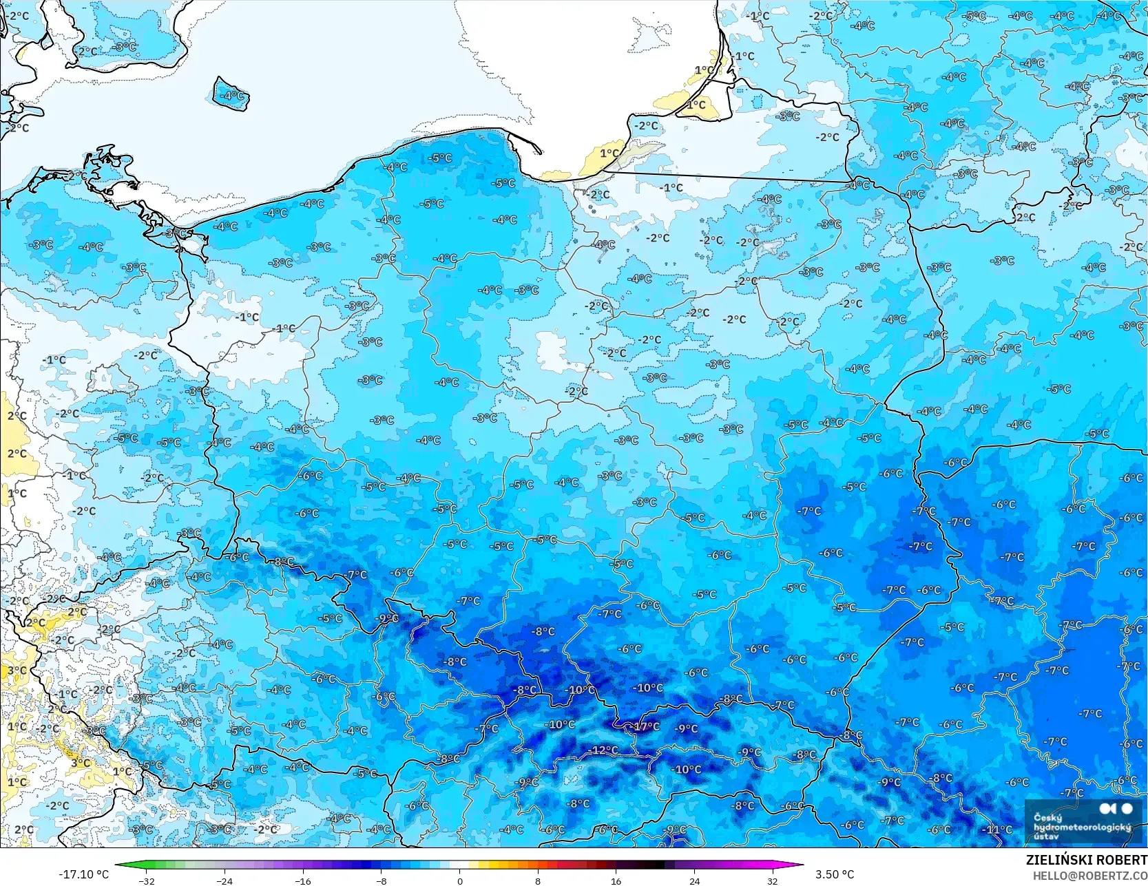 ALADIN CZ 2.3 km model - Poland, Anomali Suhu 2 m