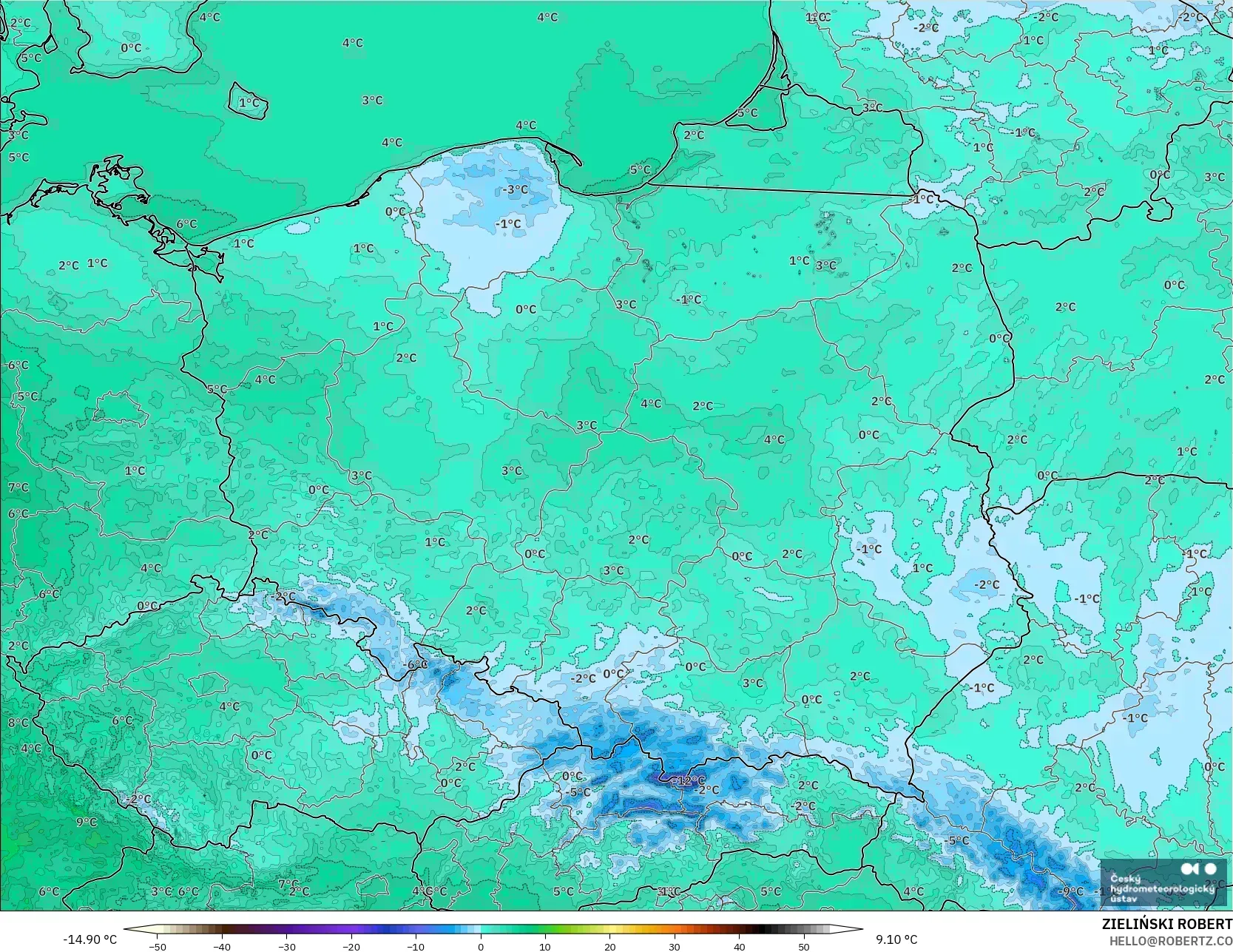 ALADIN CZ 2.3 km modelo - Poland, Temperature at 2m