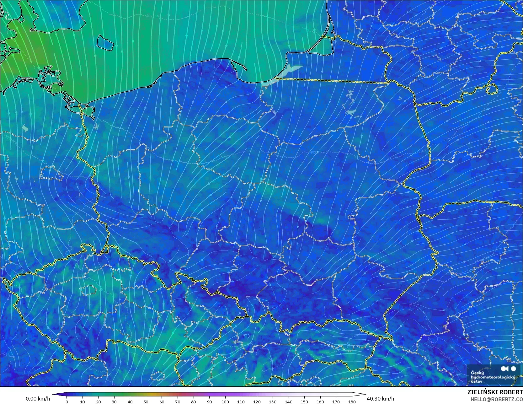 ALADIN CZ 2.3 km model - Poland, Angin 10 m