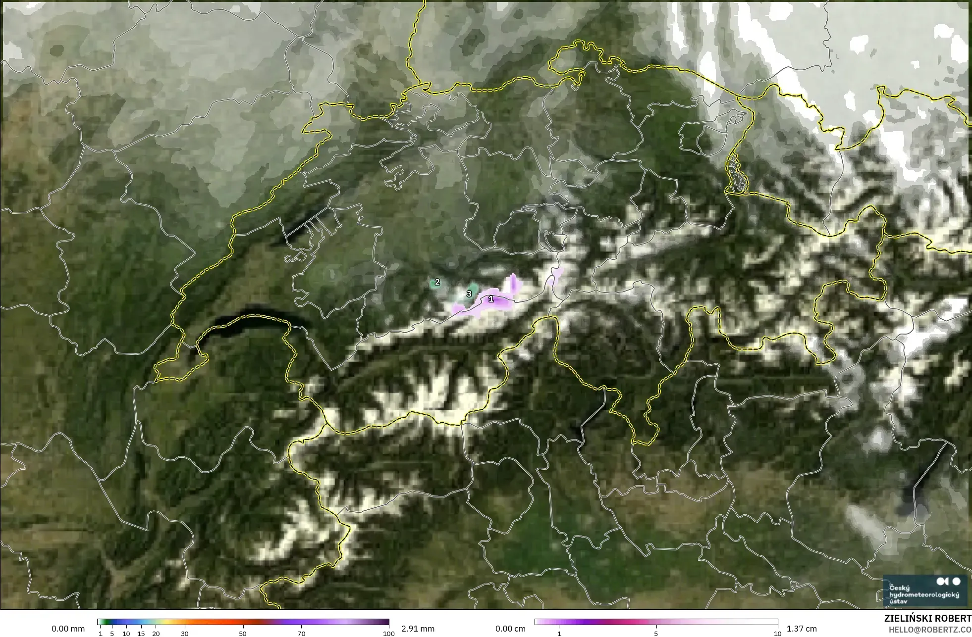 ALADIN CZ 2.3 km model - Switzerland, Hujan, Awan dan Tekanan