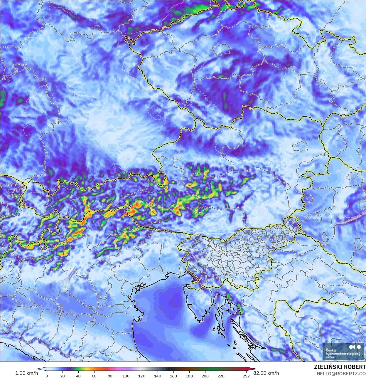 ALADIN CZ 2.3 km modelo - Austria, Wind Gusts Peak