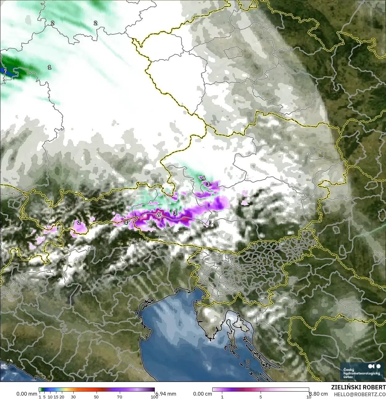 ALADIN CZ 2.3 km model - Austria, Hujan, Awan dan Tekanan