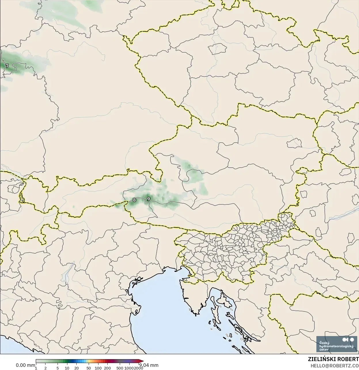 ALADIN CZ 2.3 km modelo - Austria, Precipitation Accumulation