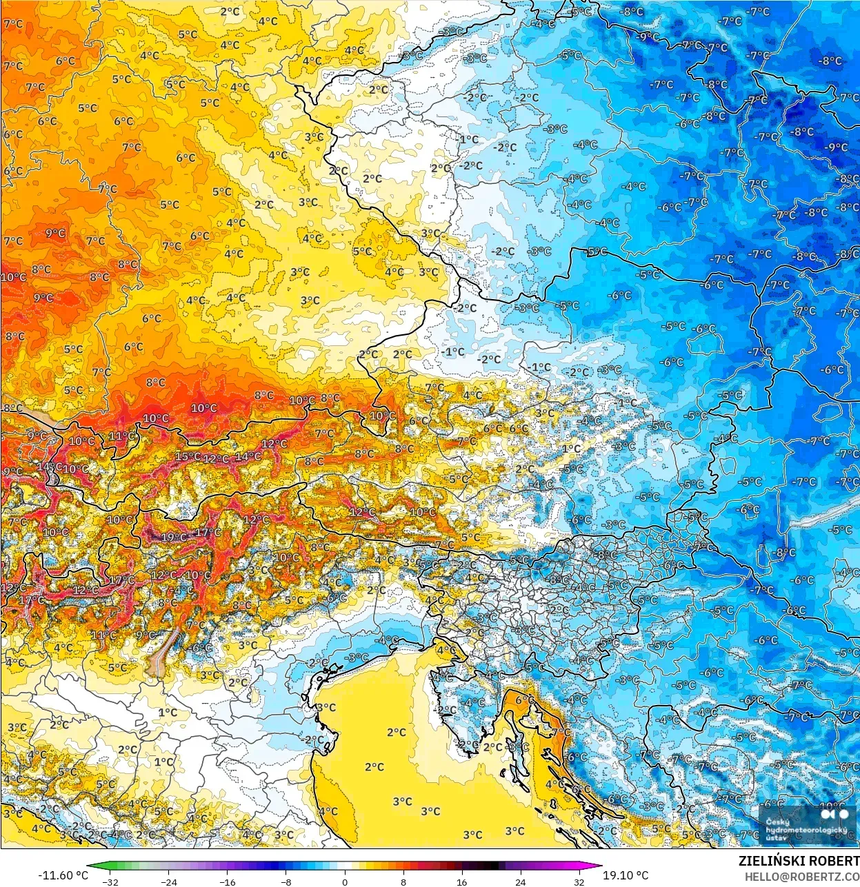 ALADIN CZ 2.3 km modelo - Austria, Temperature at 2m Anomaly