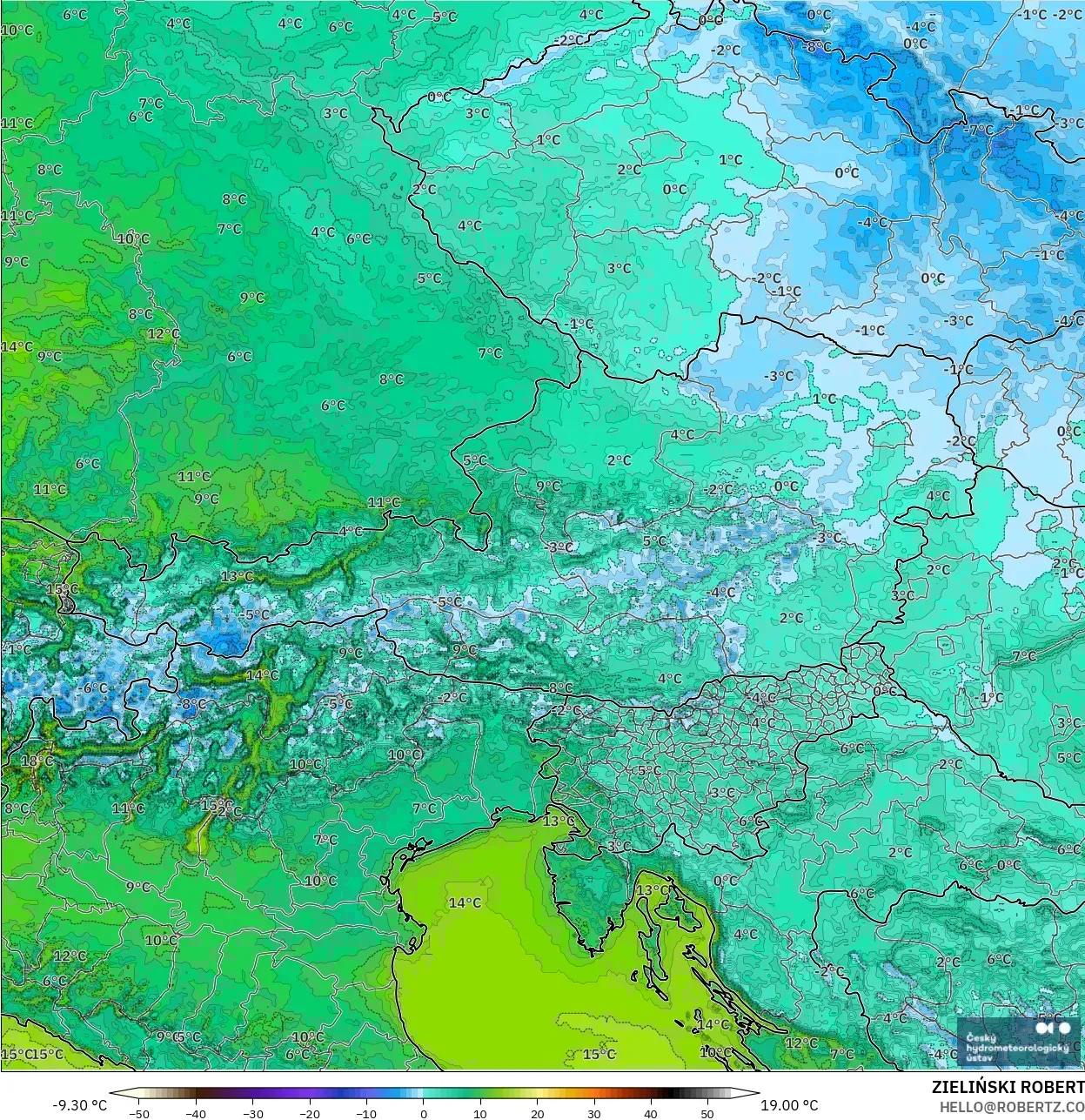 ALADIN CZ 2.3 km model - Austria, Suhu pada 2 m