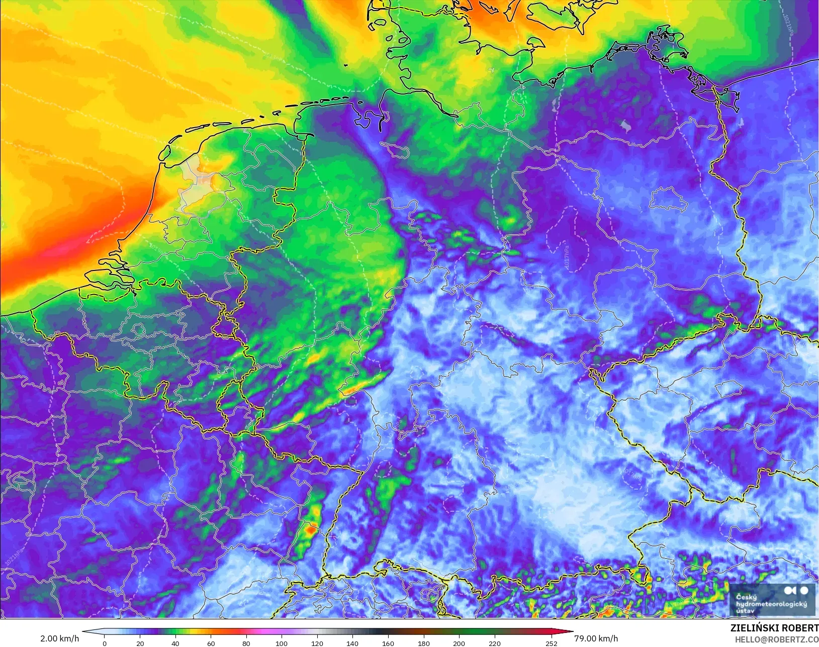 ALADIN CZ 2.3 km modelo - Germany, Wind Gusts Peak