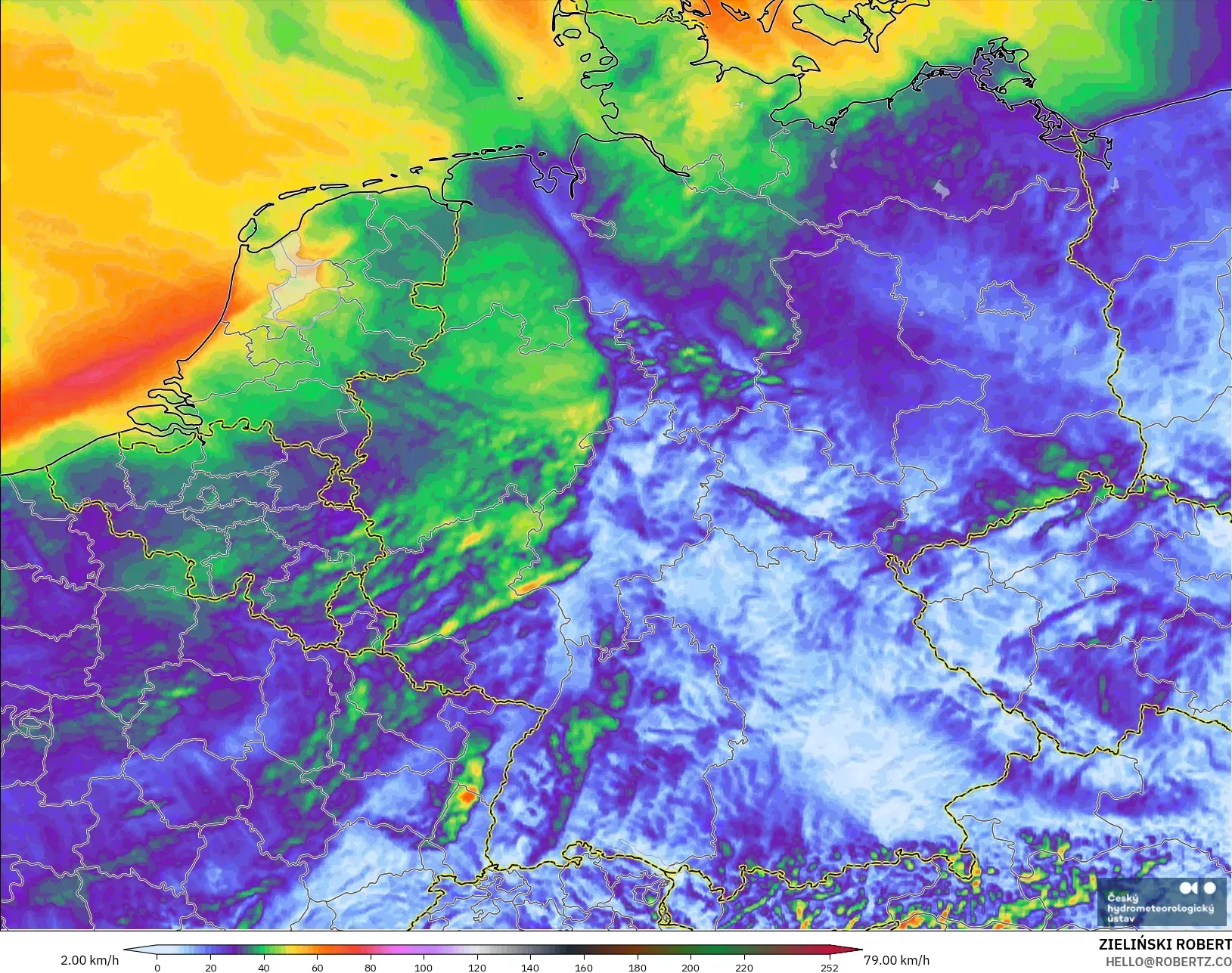 ALADIN CZ 2.3 km model - Jerman, Hembusan Angin